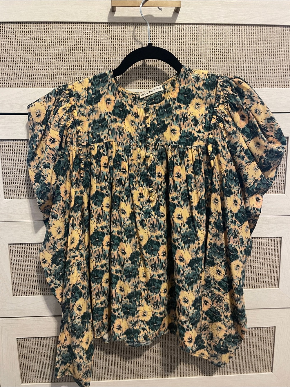 Ulla Johnson Yellow and Green Floral Puff Sleeve Blouse